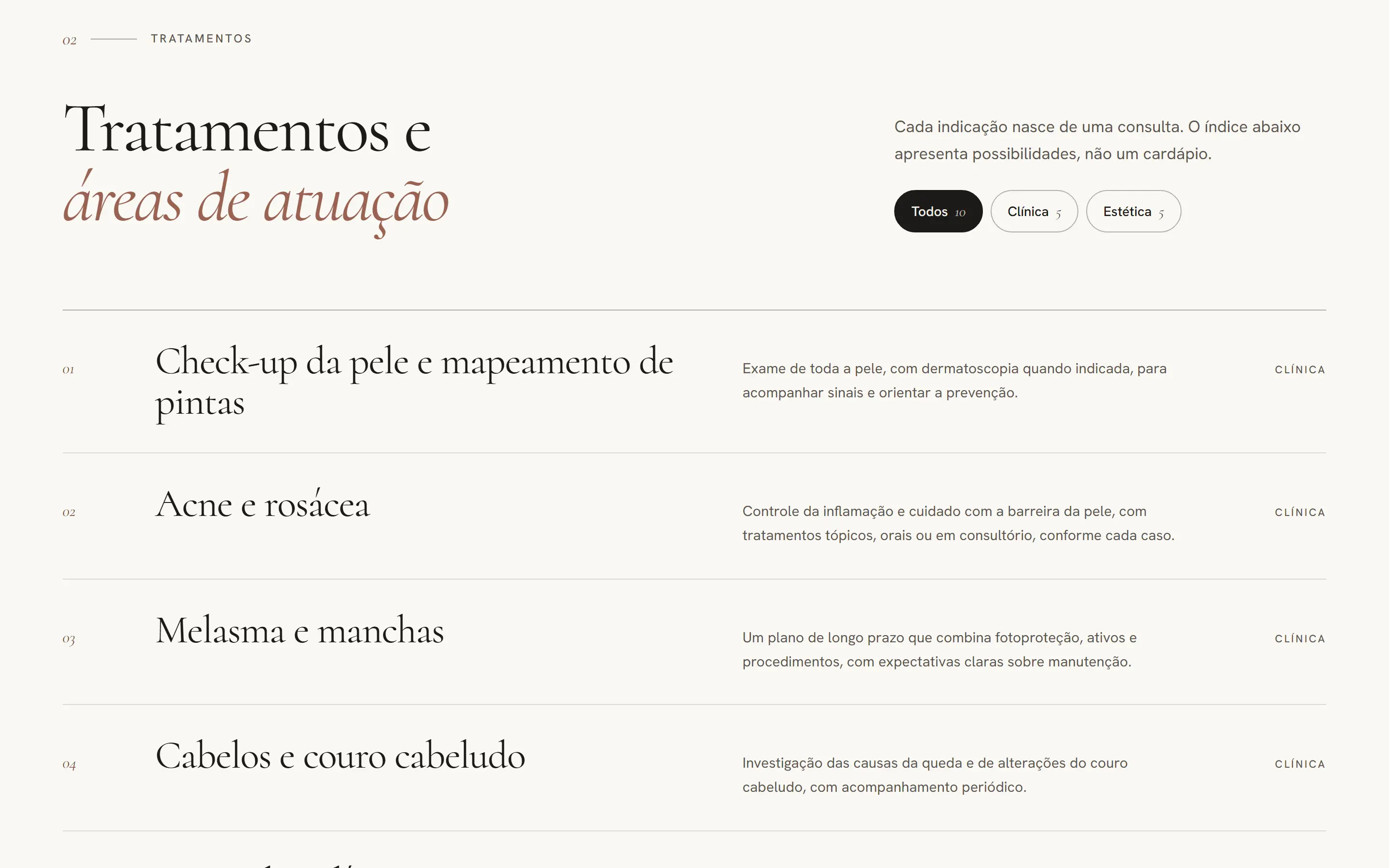 Seção de tratamentos do site conceito de Helena Aurel, com filtros por área e índice numerado de tratamentos dermatológicos clínicos e estéticos.