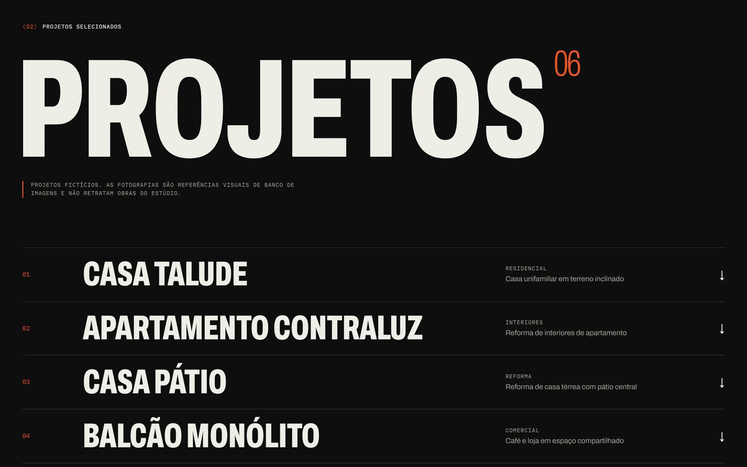 Índice de projetos do site conceito do estúdio Rasante, com o título PROJETOS em grande escala e a lista de obras fictícias em fundo preto.