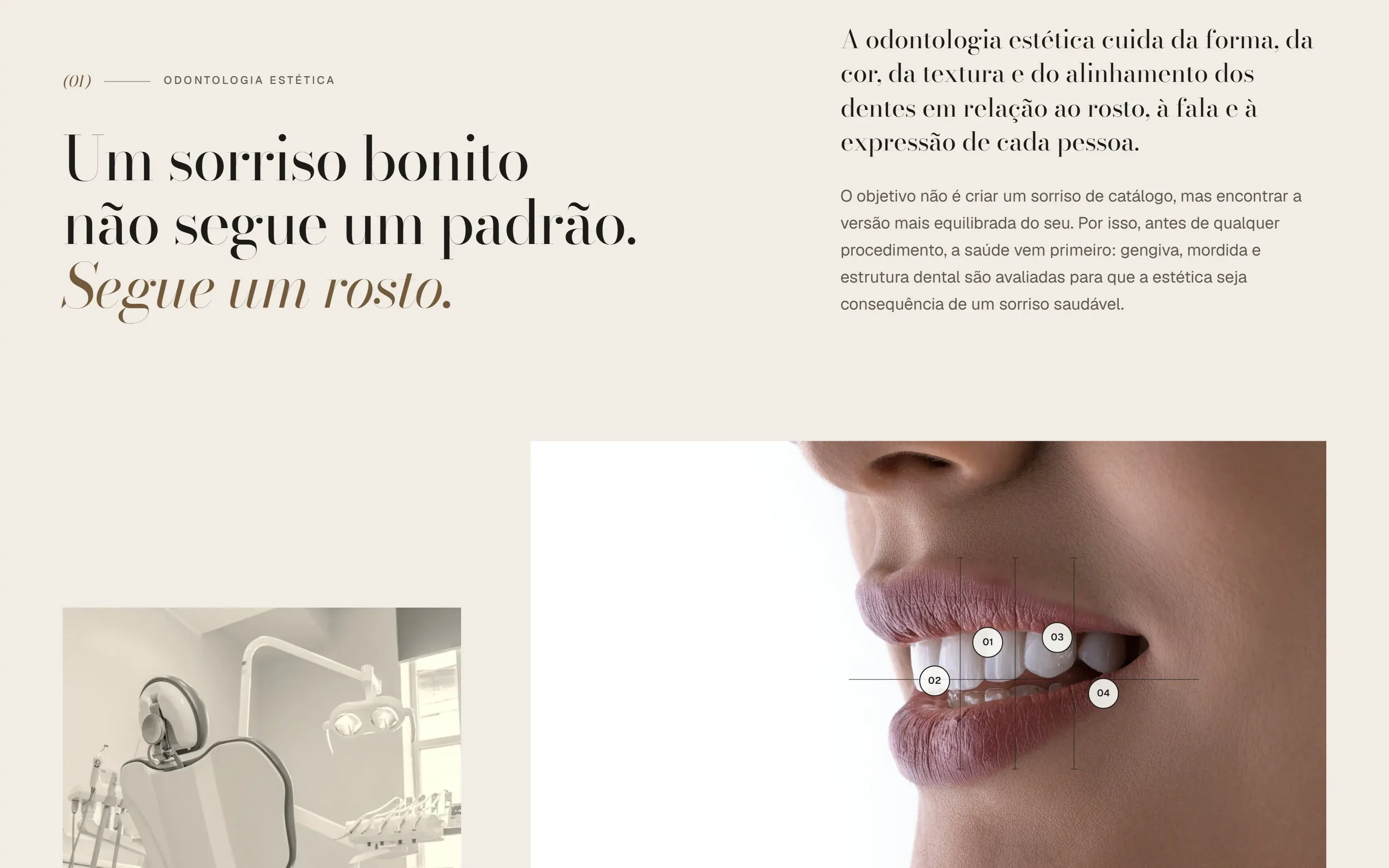 Seção de estética do site conceito de Alba Varenne, com o título “Um sorriso bonito não segue um padrão. Segue um rosto.” e o estudo de sorriso anotado com quatro marcadores numerados.