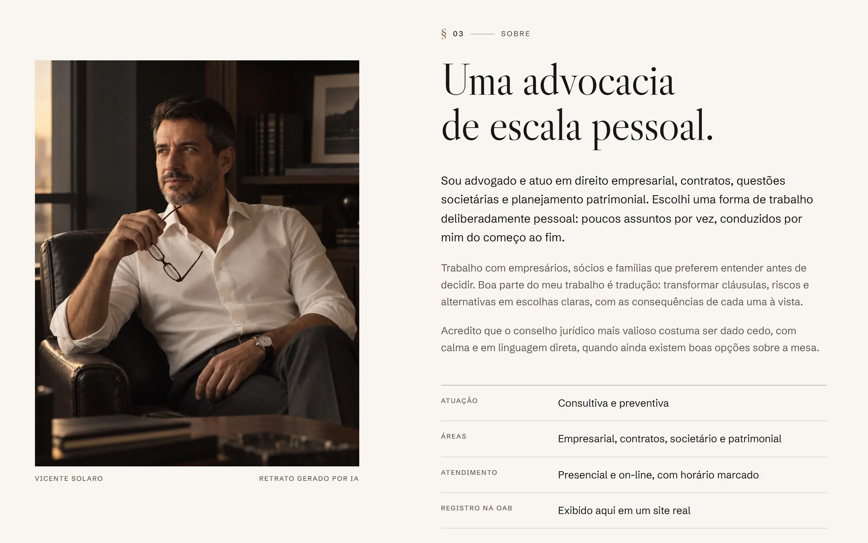 Seção sobre o advogado no site conceito de Vicente Solaro, com retrato em escritório à esquerda e texto de apresentação com ficha de atuação em fundo marfim.