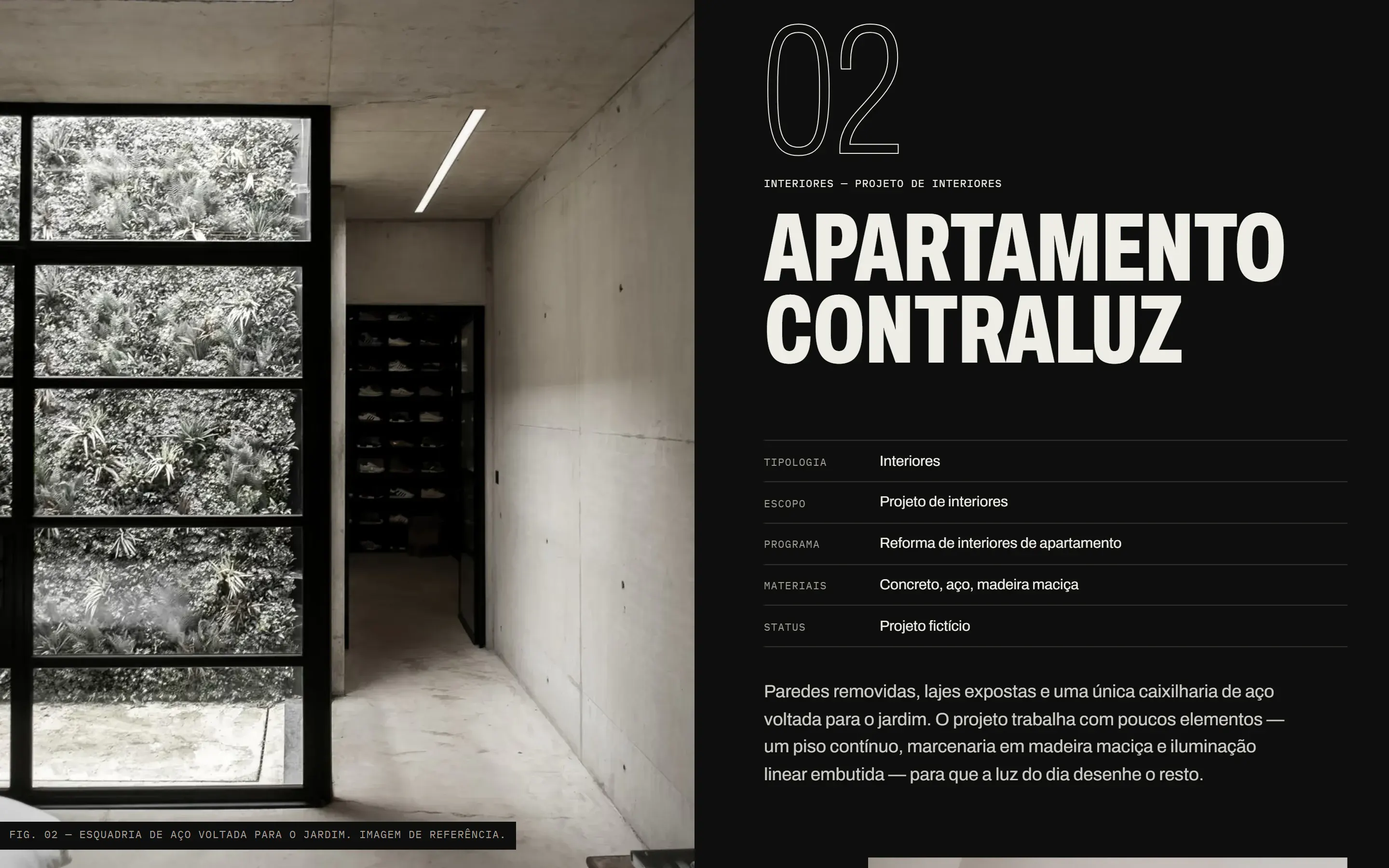 Página de projeto do site conceito do estúdio Rasante, com foto de interior em concreto e esquadria de aço ao lado da ficha técnica do Apartamento Contraluz.