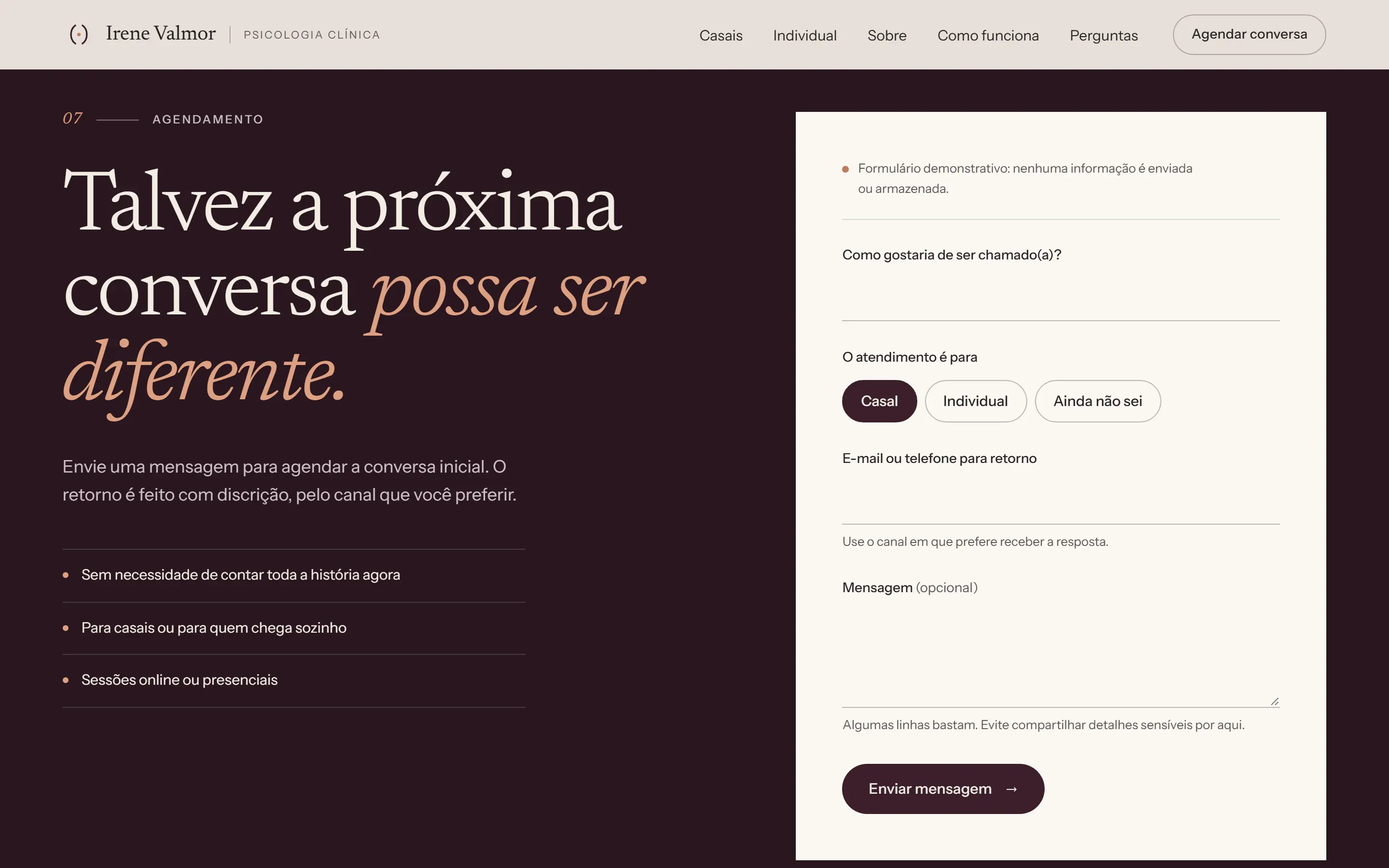 Seção de agendamento em fundo ameixa do site conceito de Irene Valmor, com o título “Talvez a próxima conversa possa ser diferente.” e formulário demonstrativo em cartão claro.