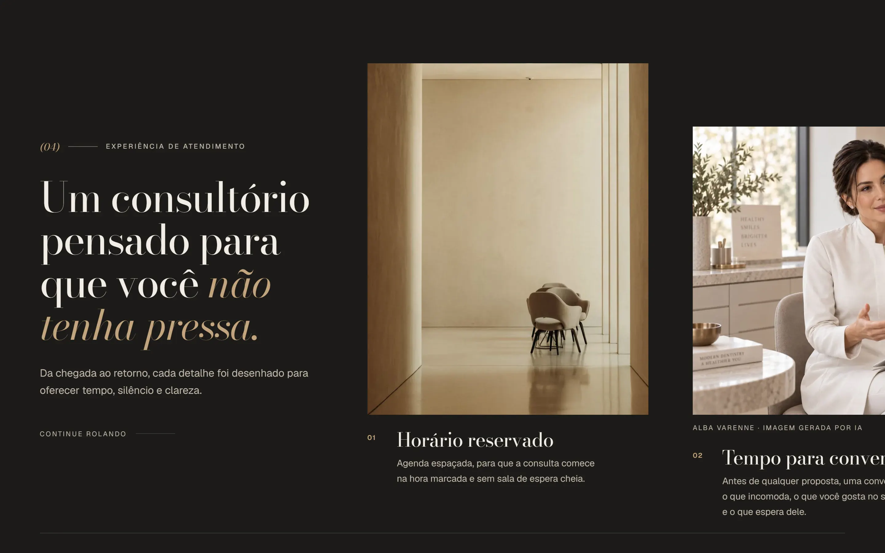 Galeria horizontal de experiência do site conceito de Alba Varenne, com o título “Um consultório pensado para que você não tenha pressa.” e fotos do consultório em fundo escuro.