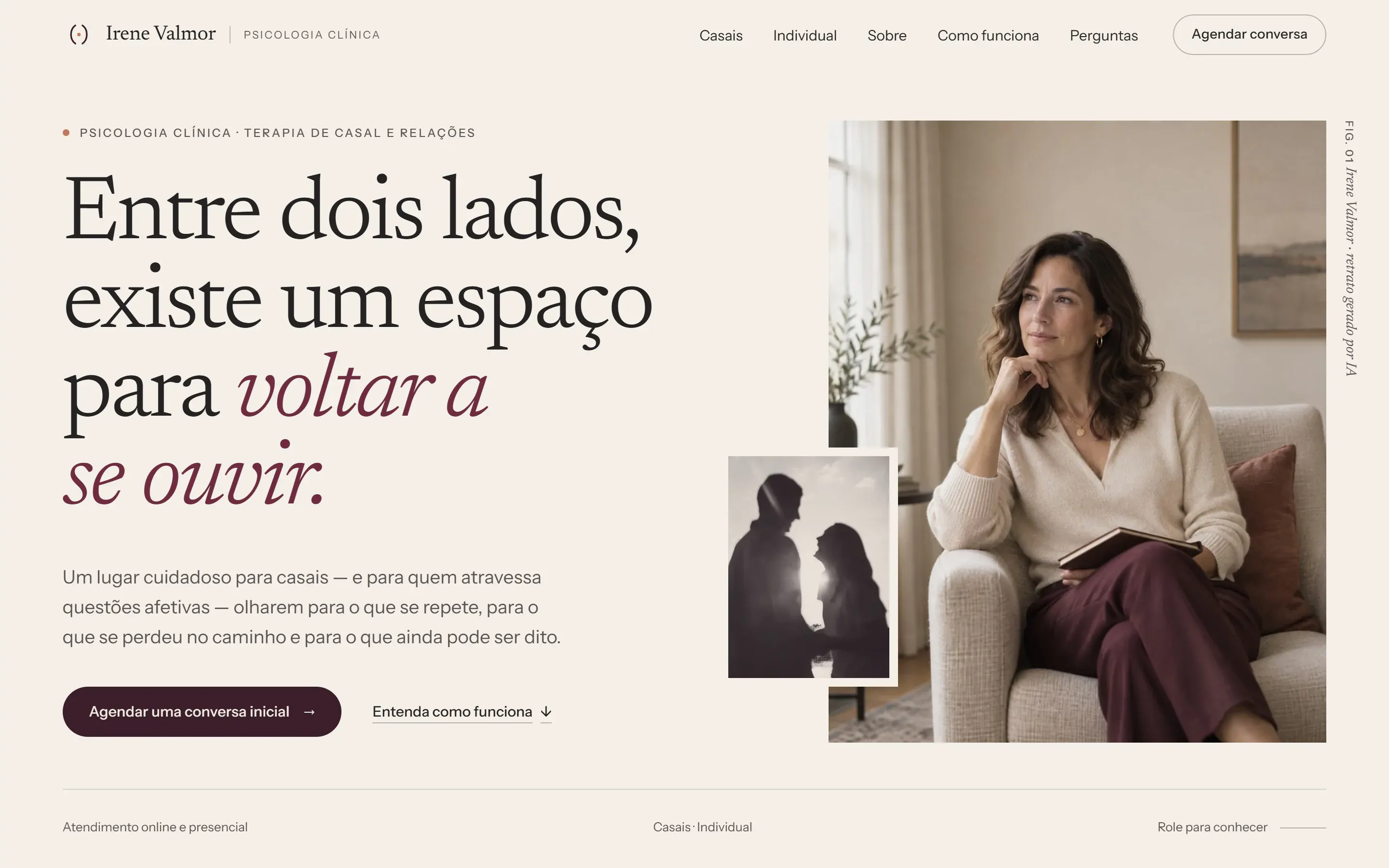 Hero do site conceito de Irene Valmor em tons de marfim e ameixa, com o título “Entre dois lados, existe um espaço para voltar a se ouvir.”, retrato da psicóloga e foto de casal em silhueta.
