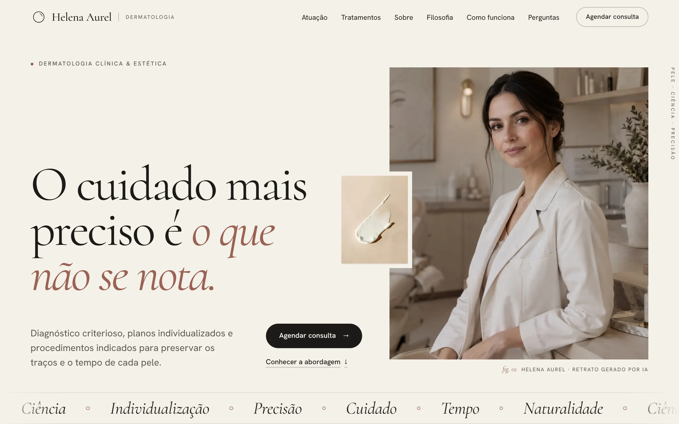 Hero do site conceito de Helena Aurel em tons de osso e rosé, com o título “O cuidado mais preciso é o que não se nota.”, retrato da dermatologista e faixa de palavras em itálico.