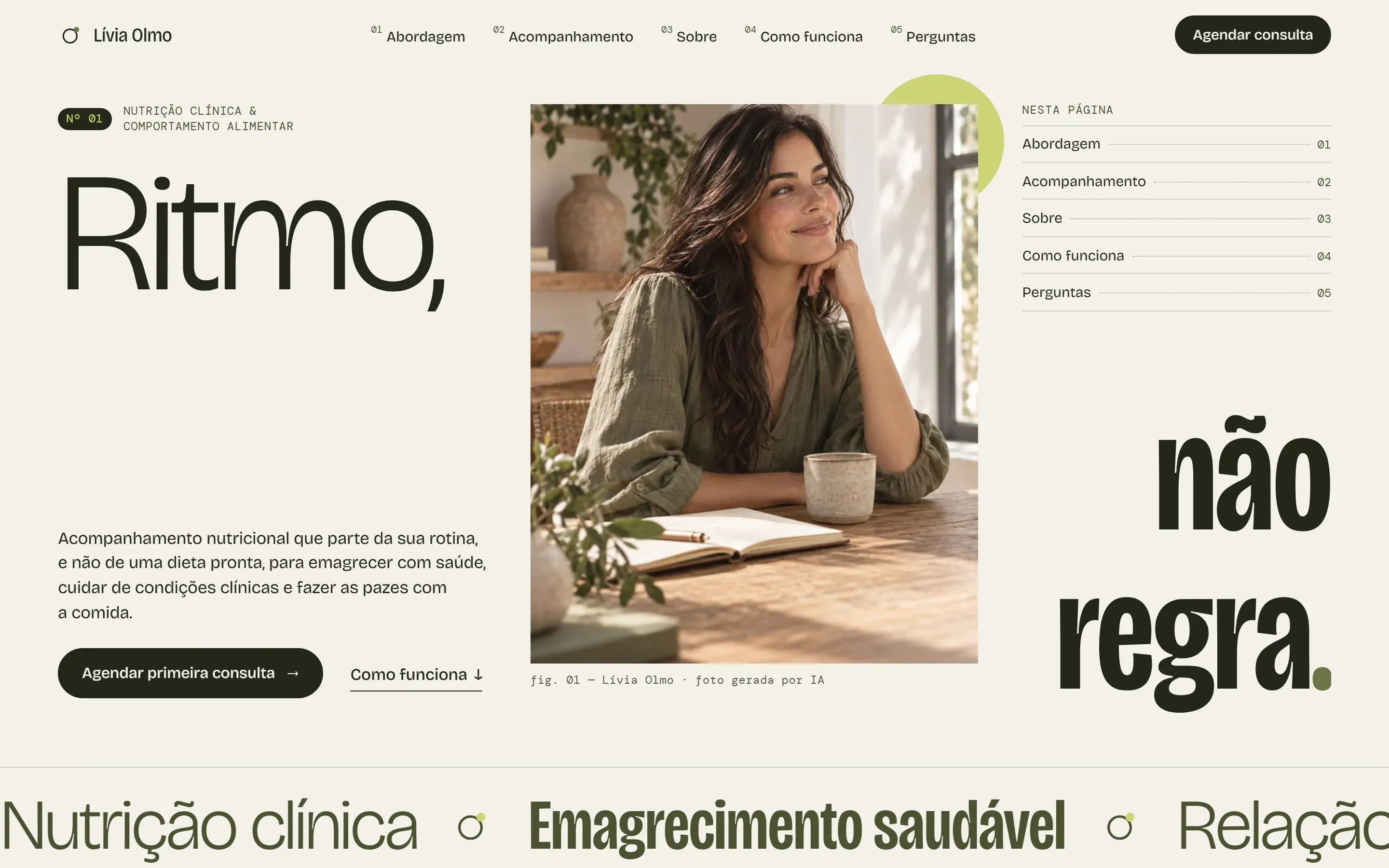 Hero do site conceito de Lívia Olmo em tons de sálvia e lima, com a frase “Ritmo, não regra.” em tipografia de grande escala, retrato da nutricionista e faixa com áreas de atendimento.