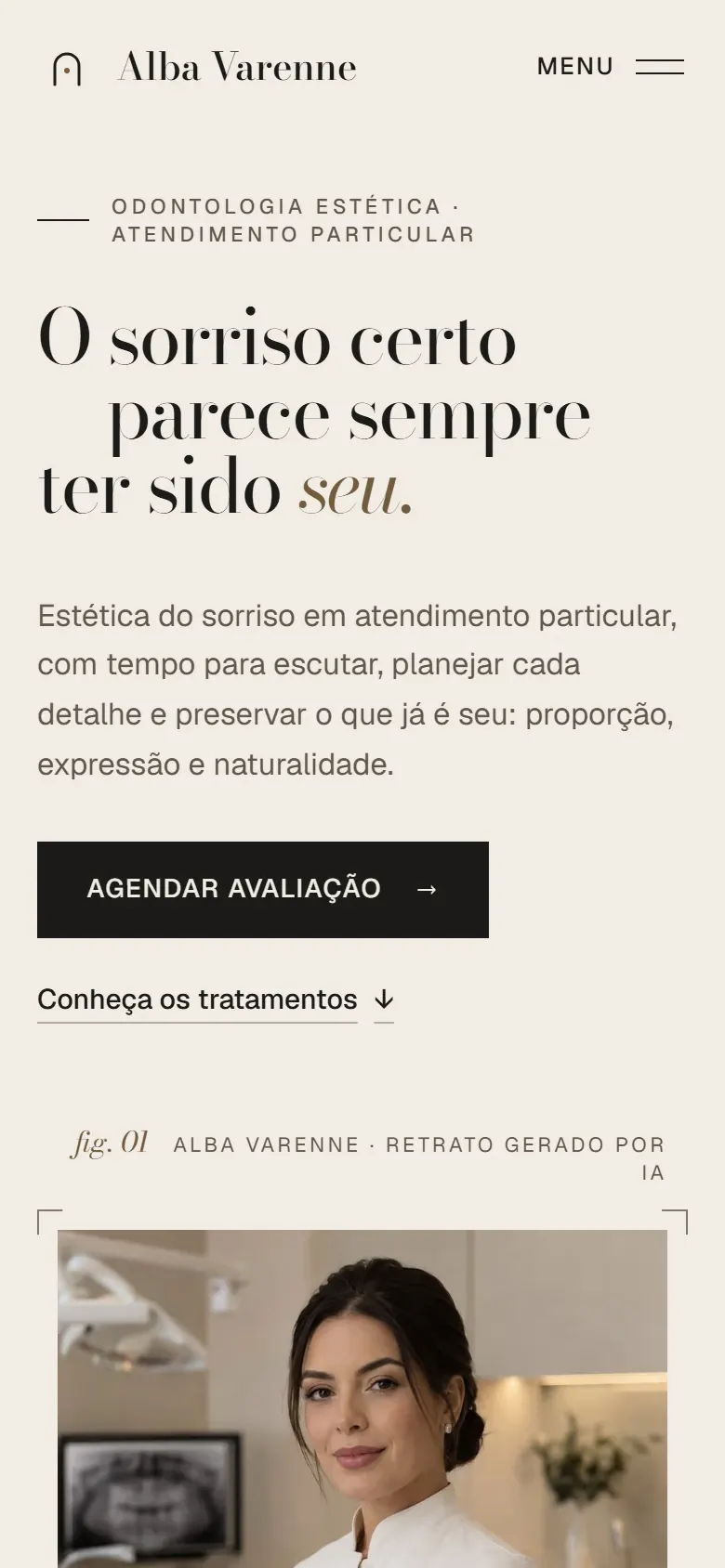 Versão mobile do hero do site conceito de Alba Varenne, com o título em serifada sobre fundo areia, texto de apresentação e botão para agendar avaliação.