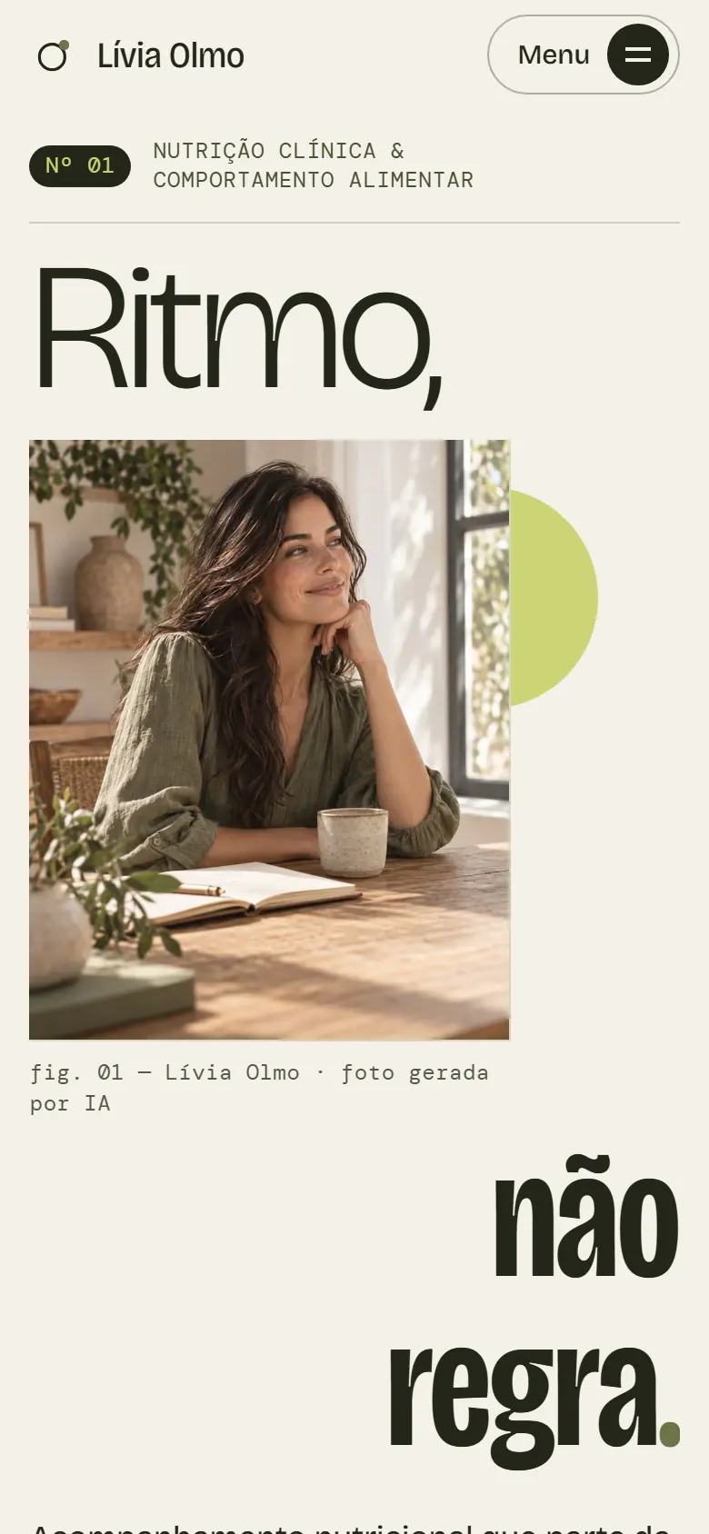 Versão mobile do hero do site conceito de Lívia Olmo, com a palavra “Ritmo,” em grande escala, retrato da nutricionista e o complemento “não regra.”