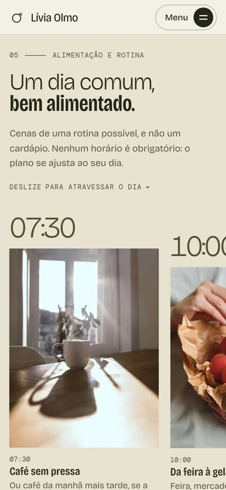 Seção “Um dia comum, bem alimentado.” na versão mobile do site conceito de Lívia Olmo, com galeria deslizante de cenas do dia marcadas por horários.