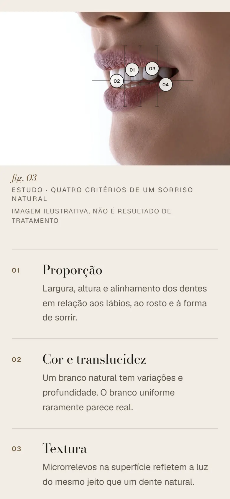 Estudo de sorriso na versão mobile do site conceito de Alba Varenne, com foto anotada por quatro marcadores e os critérios proporção, cor e textura.