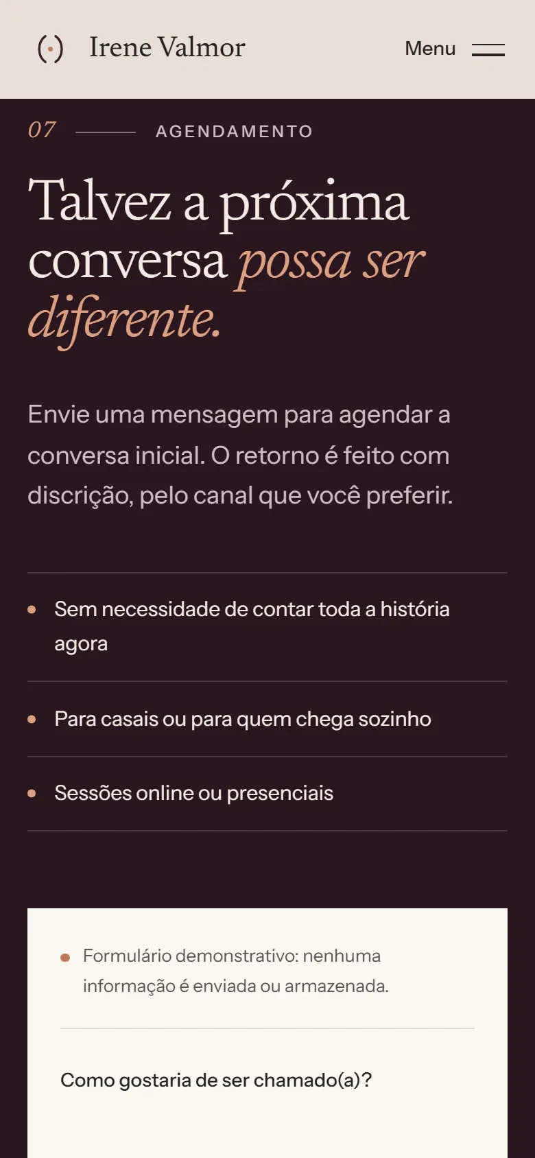 Seção de agendamento em fundo ameixa na versão mobile do site conceito de Irene Valmor, com o título “Talvez a próxima conversa possa ser diferente.” e início do formulário.