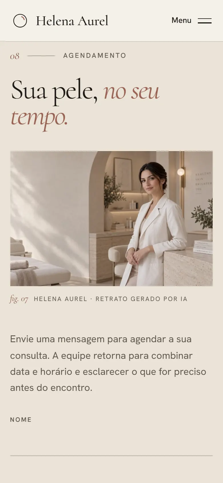 Seção de agendamento na versão mobile do site conceito de Helena Aurel, com o título “Sua pele, no seu tempo.”, retrato da dermatologista e início do formulário.