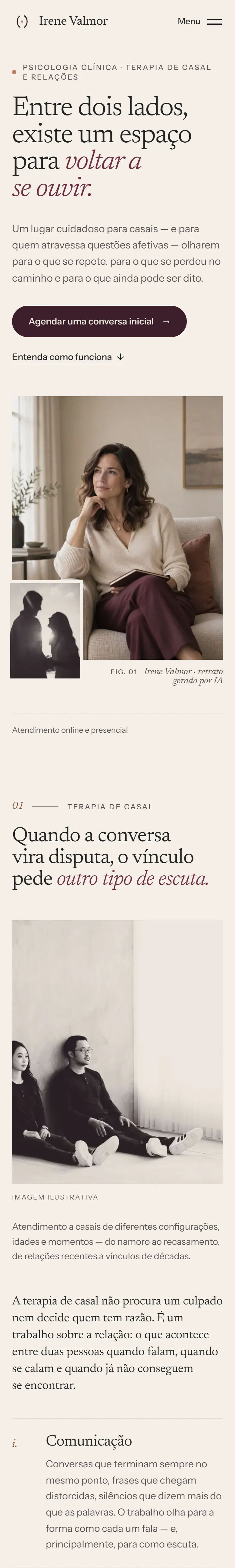 Captura longa da versão mobile do site conceito de Irene Valmor, do hero com retrato da psicóloga até a seção de terapia de casal com foto de um casal.