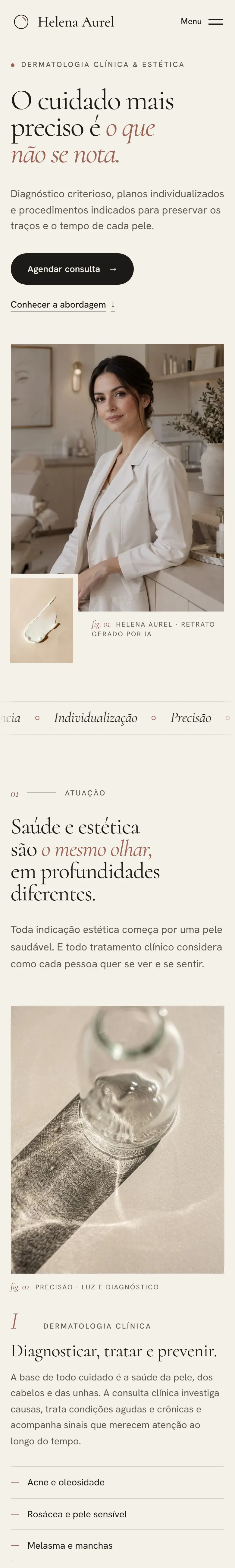 Captura longa da versão mobile do site conceito de Helena Aurel, do hero com retrato da dermatologista até a seção de atuação com foto de frasco de vidro.