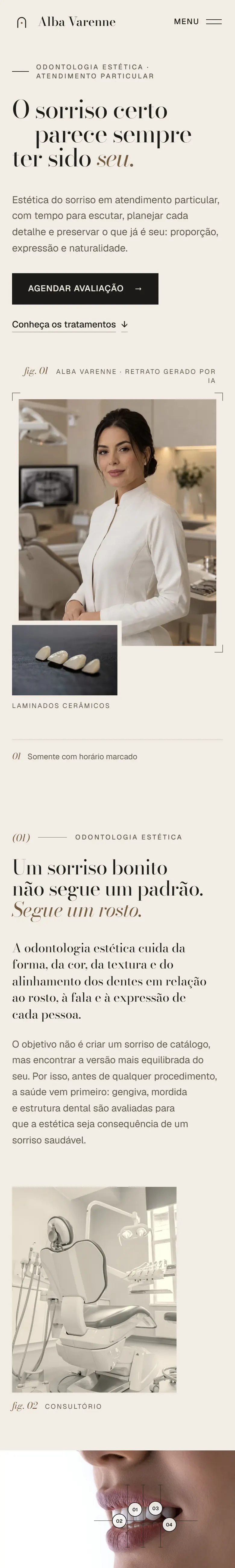 Captura longa da versão mobile do site conceito de Alba Varenne, do hero com retrato da dentista até a seção de odontologia estética com foto do consultório.