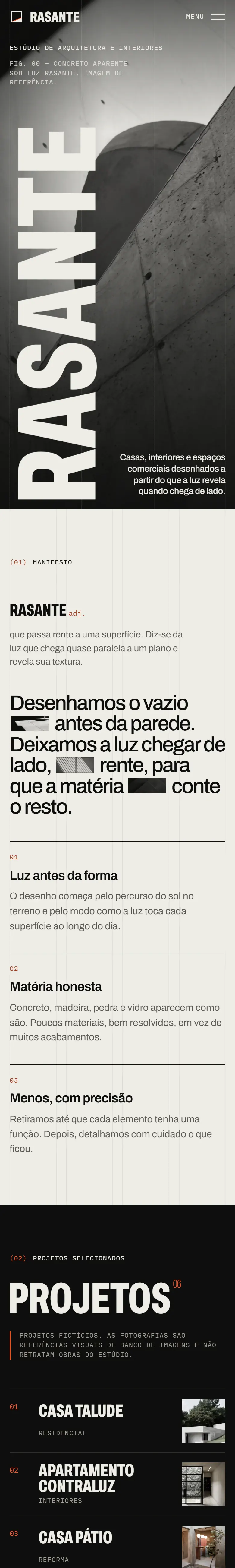 Captura longa da versão mobile do site conceito do estúdio Rasante, do hero em concreto ao manifesto com imagens embutidas no texto e ao início do índice de projetos.