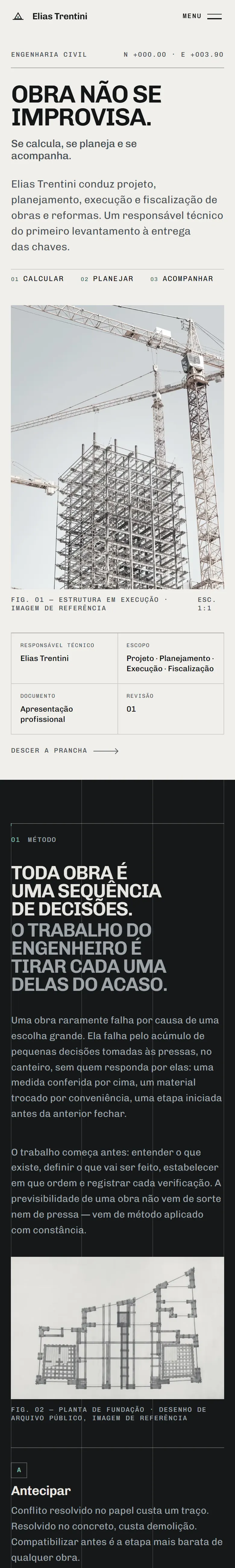 Captura longa da versão mobile do site conceito de Elias Trentini, do hero com ficha técnica até a seção de método com planta de fundação e princípios de trabalho.