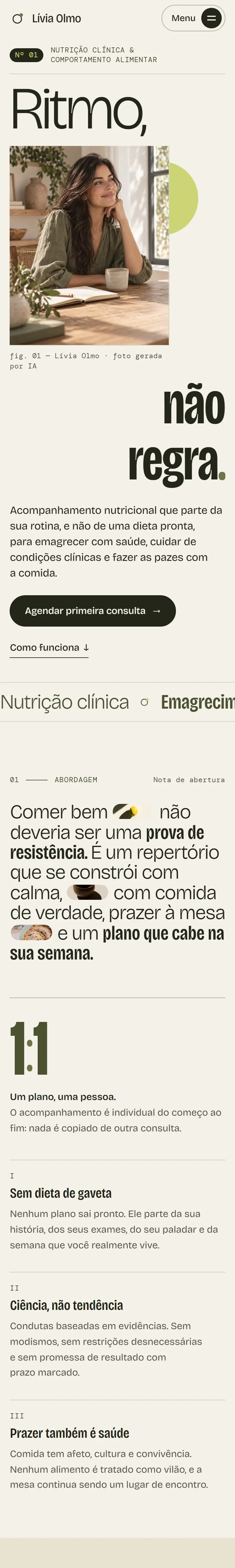 Captura longa da versão mobile do site conceito de Lívia Olmo, do hero com retrato até a seção de abordagem com texto ilustrado por pequenas imagens e princípios numerados.