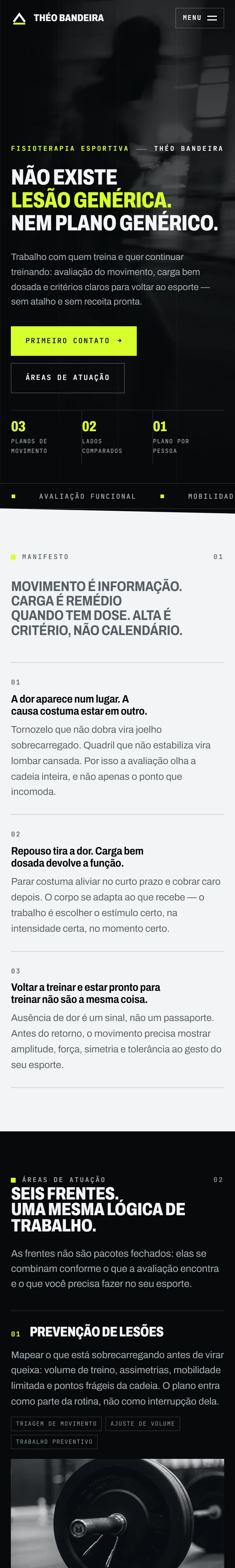 Captura longa da versão mobile do site conceito de Théo Bandeira, do hero com retrato do fisioterapeuta até o manifesto sobre movimento, carga e alta.