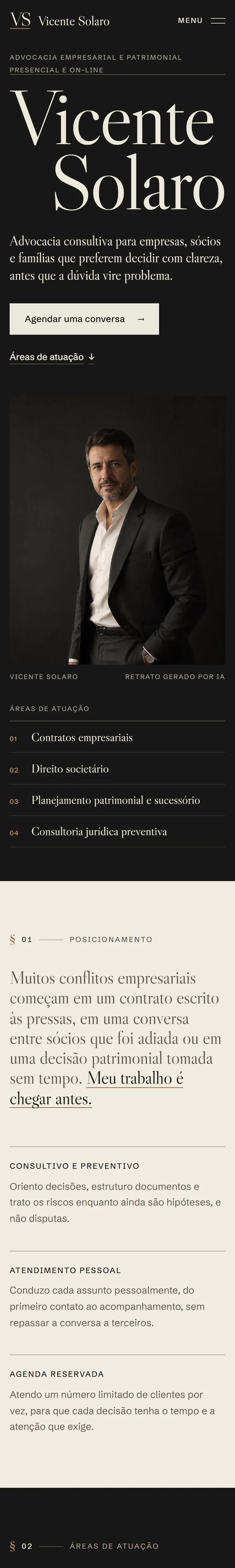Captura longa da versão mobile do site conceito de Vicente Solaro, do hero com retrato e áreas de atuação até a seção de posicionamento em fundo marfim.